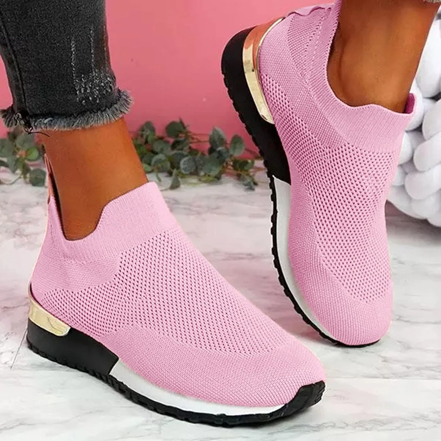 SBGMoSJ Women's Fashion Sneakers Lace-Up Woven Knit Upper Women's Wedge Fashion Sneakers Black Shoes Women Slip Ons Womens Fashion Sneakers Athletic Shoes Women Size 5.5