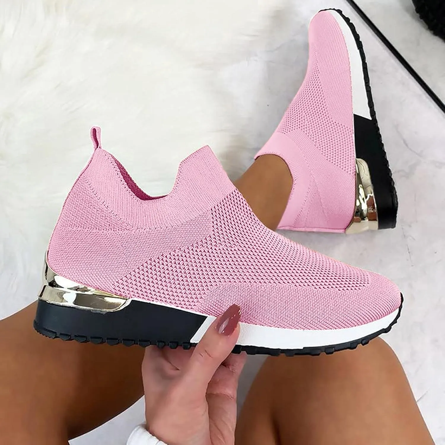 SBGMoSJ Women's Fashion Sneakers Lace-Up Woven Knit Upper Women's Wedge Fashion Sneakers Black Shoes Women Slip Ons Womens Fashion Sneakers Athletic Shoes Women Size 5.5