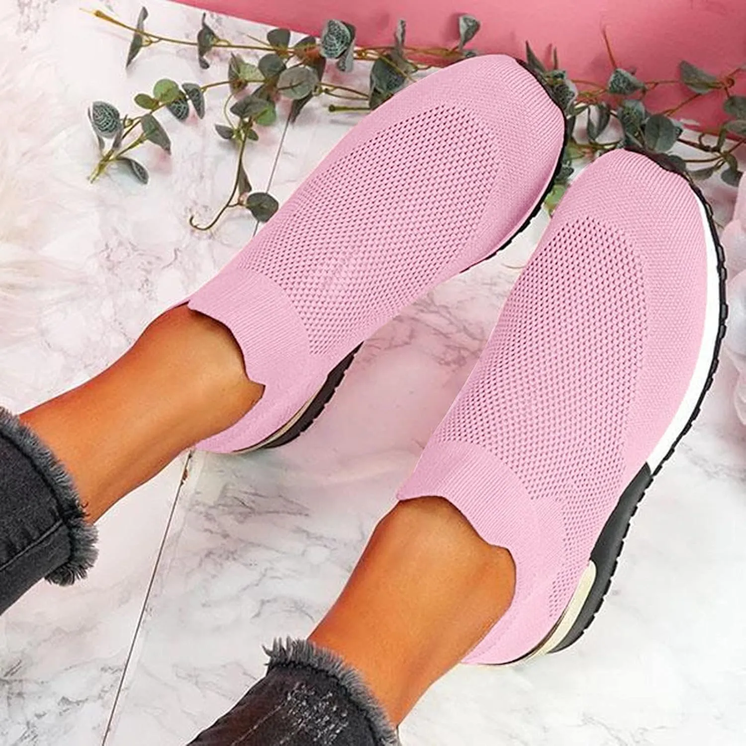 SBGMoSJ Women's Fashion Sneakers Lace-Up Woven Knit Upper Women's Wedge Fashion Sneakers Black Shoes Women Slip Ons Womens Fashion Sneakers Athletic Shoes Women Size 5.5