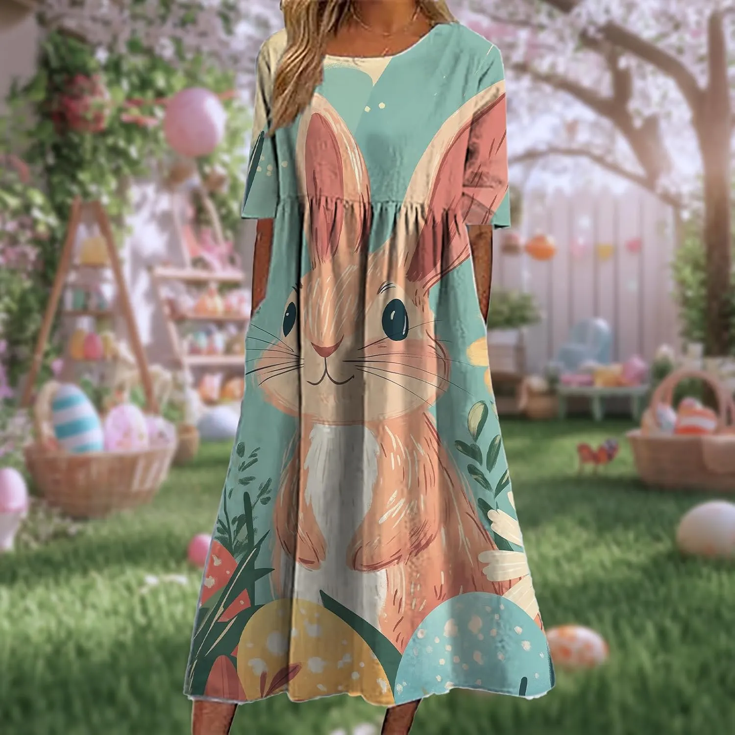 Short Sleeve Easter Dress for Women 2025 Spring Trendy Bunny Egg Print Crew Neck Midi Dress Sundress with Pockets
