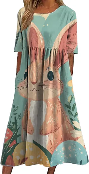Short Sleeve Easter Dress for Women 2025 Spring Trendy Bunny Egg Print Crew Neck Midi Dress Sundress with Pockets