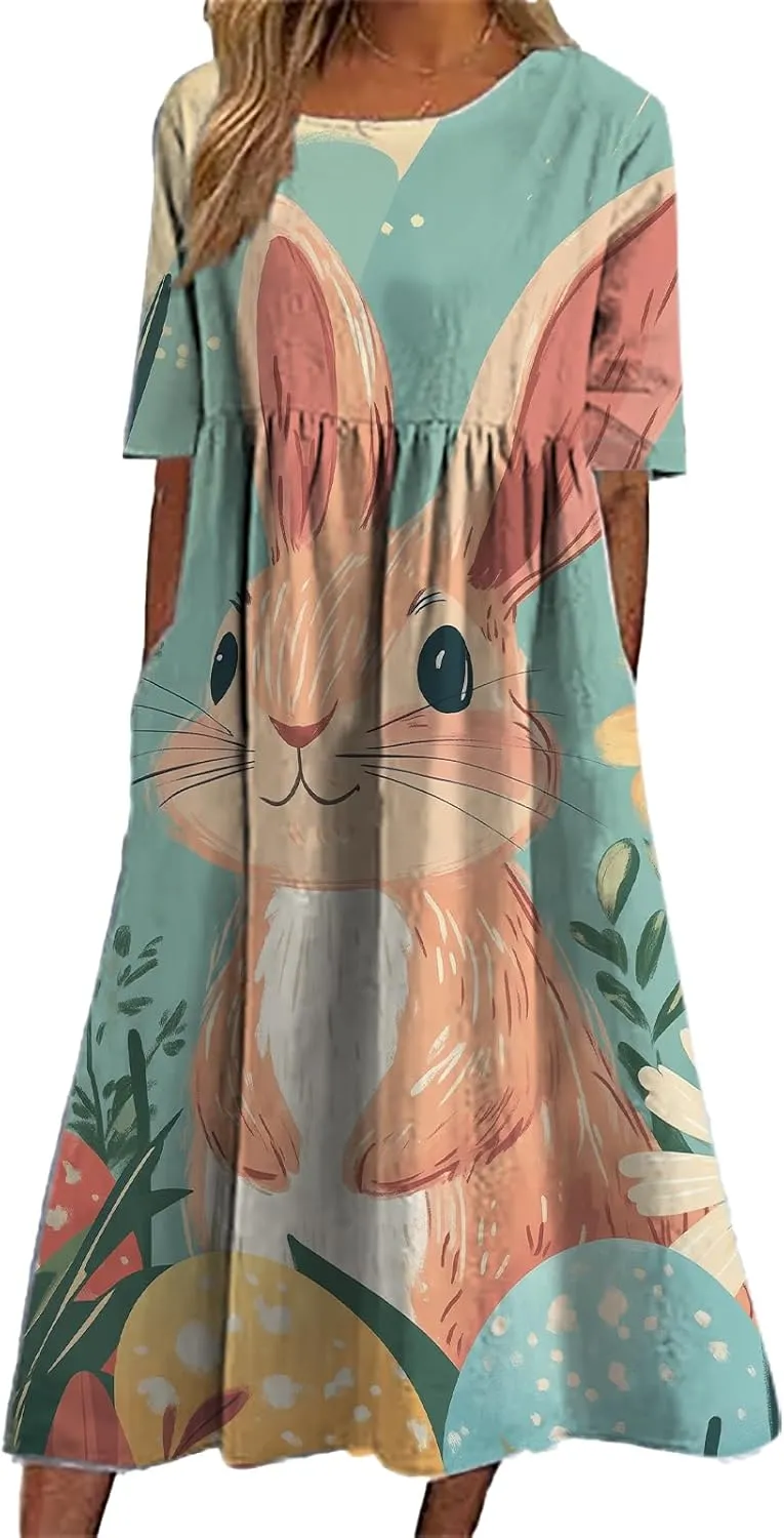 Short Sleeve Easter Dress for Women 2025 Spring Trendy Bunny Egg Print Crew Neck Midi Dress Sundress with Pockets