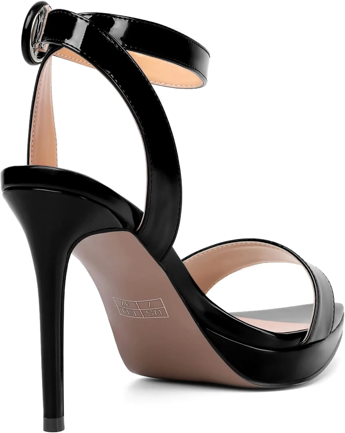 SHOWFOREST Womens Dress Dating Pointed Toe Patent Buckle Ankle Strap Open Toe Solid Stiletto High Heel Heeled Sandals 4 Inch