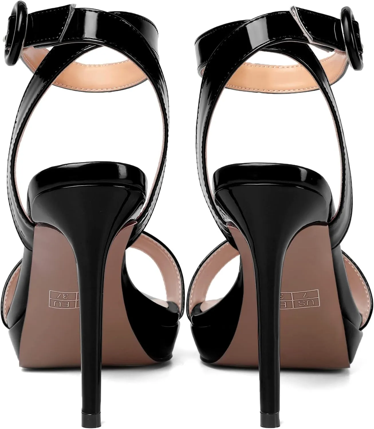 SHOWFOREST Womens Dress Dating Pointed Toe Patent Buckle Ankle Strap Open Toe Solid Stiletto High Heel Heeled Sandals 4 Inch