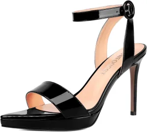 SHOWFOREST Womens Dress Dating Pointed Toe Patent Buckle Ankle Strap Open Toe Solid Stiletto High Heel Heeled Sandals 4 Inch