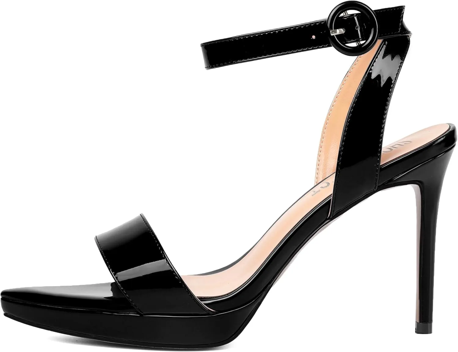 SHOWFOREST Womens Dress Dating Pointed Toe Patent Buckle Ankle Strap Open Toe Solid Stiletto High Heel Heeled Sandals 4 Inch