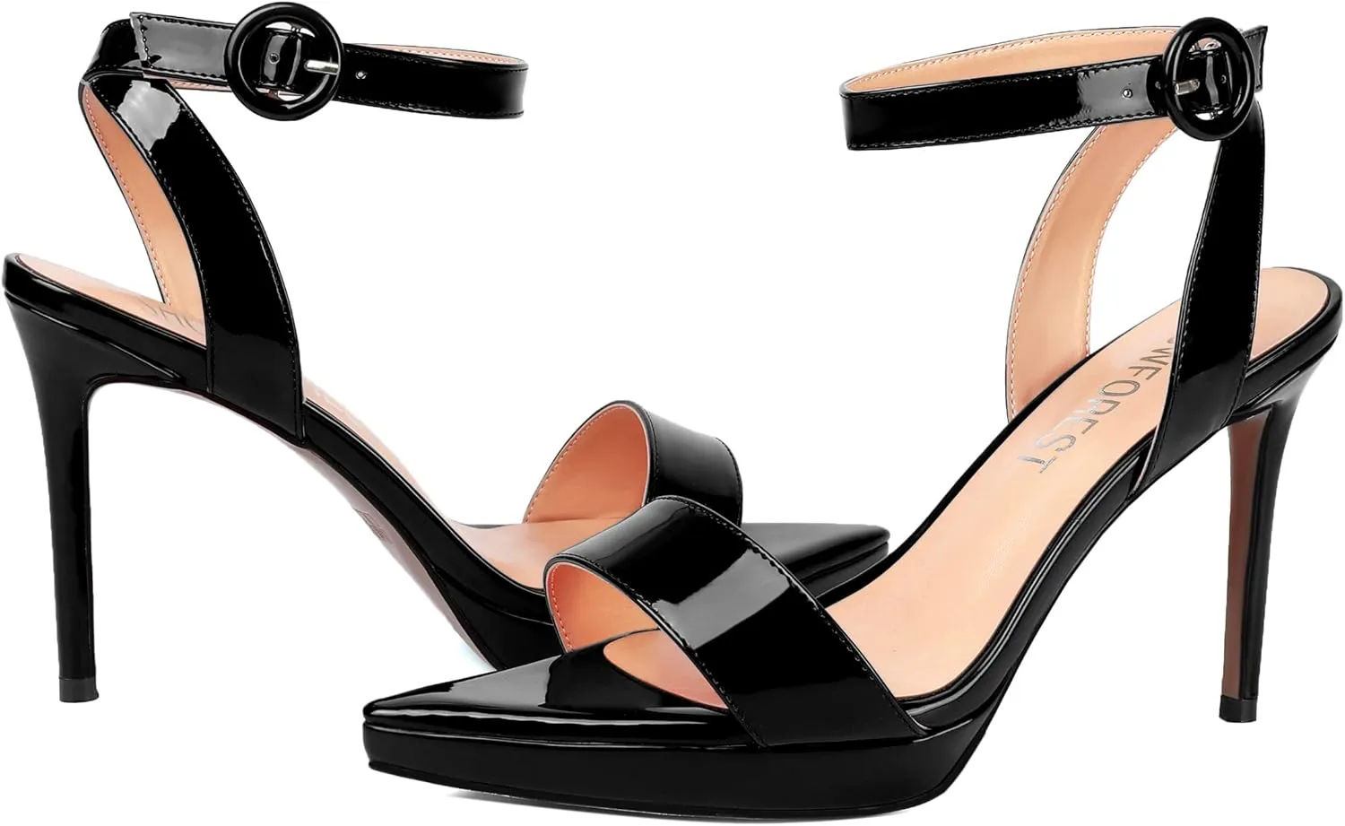 SHOWFOREST Womens Dress Dating Pointed Toe Patent Buckle Ankle Strap Open Toe Solid Stiletto High Heel Heeled Sandals 4 Inch