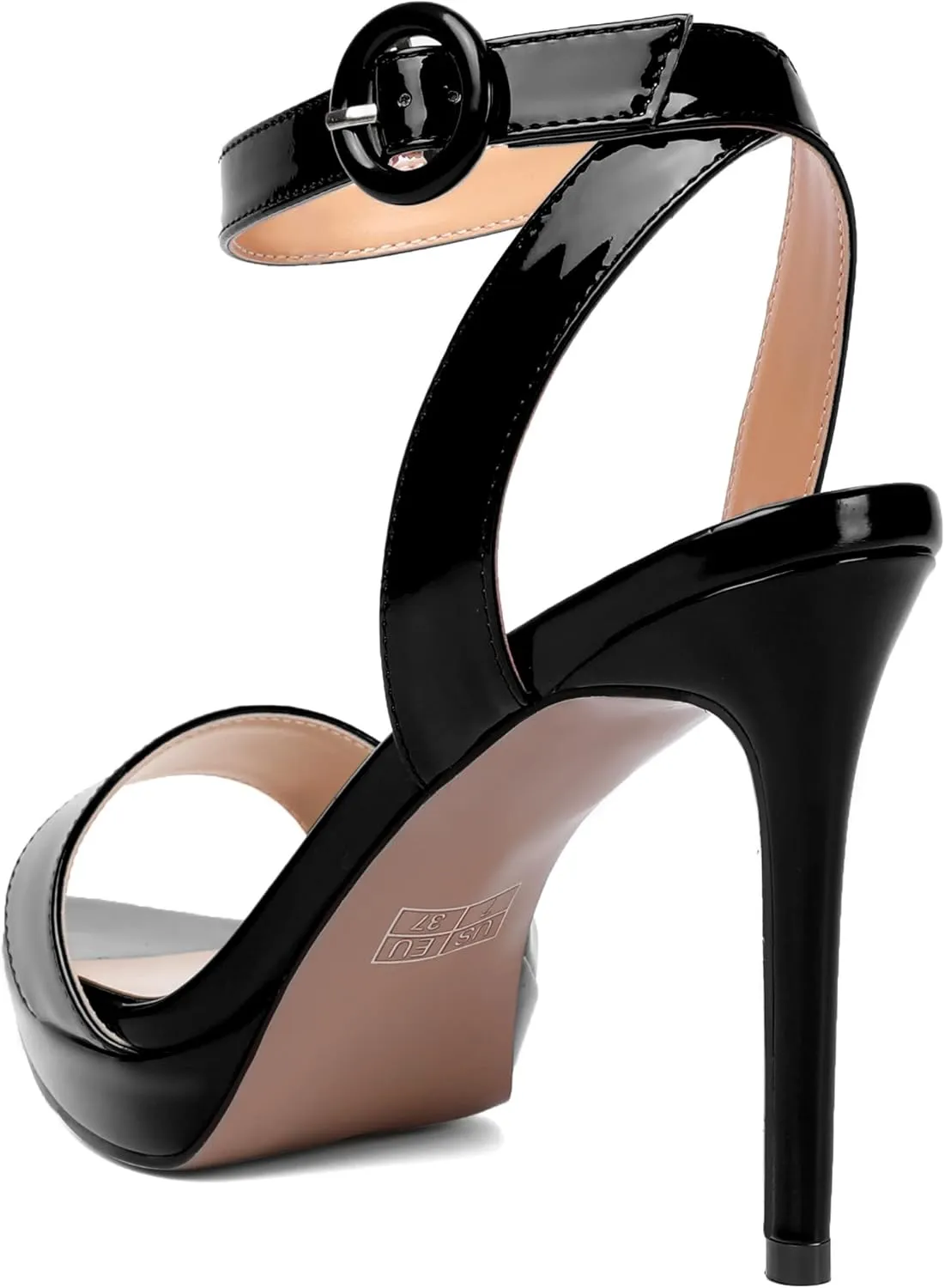 SHOWFOREST Womens Dress Dating Pointed Toe Patent Buckle Ankle Strap Open Toe Solid Stiletto High Heel Heeled Sandals 4 Inch