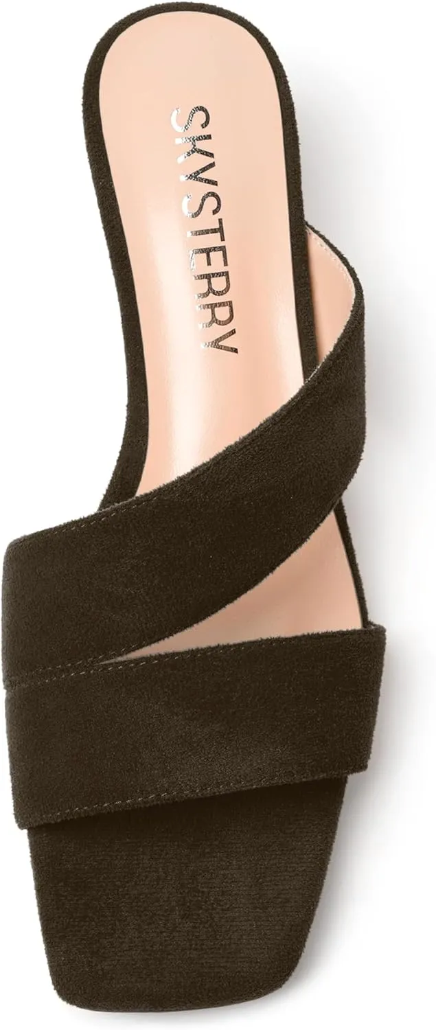 SKYSTERRY Womens Casual Open Toe Evening Suede Slip On Chunky Low Heel Heeled Sandals 1.5 Inch