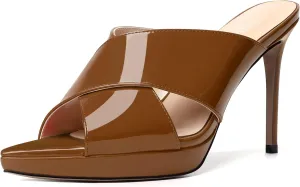 SKYSTERRY Womens Dating Sexy Slip On Patent Peep Toe Platform Stiletto High Heel Heeled Sandals 4 Inch