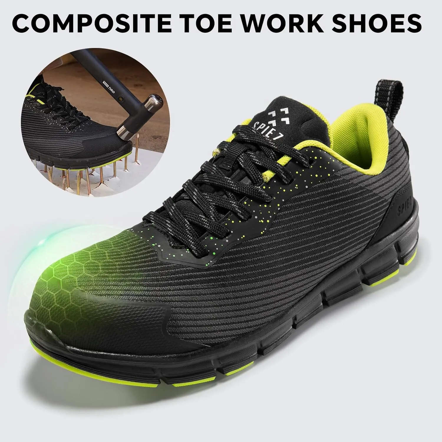 SPIEZ Men's Safety Shoes, Composite Toe, Non-Slip, Puncture-Proof, Lightweight & Breathable Work Sneakers, Black (US 7.5-12)