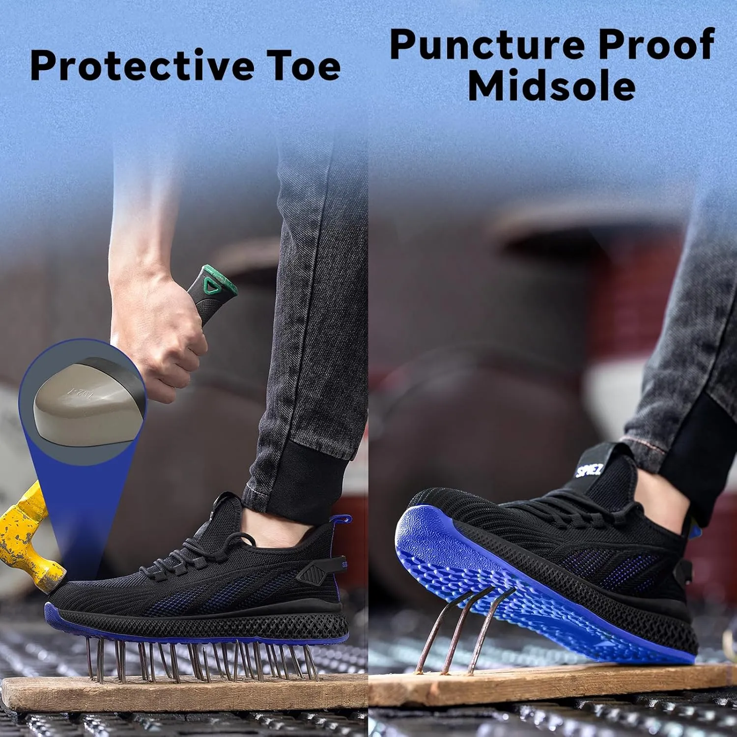 SPIEZ Unisex Safety Shoes with Composite Toe Cap, Puncture Proof Breathable Work Shoes for Men and Women, Slip on Fashion Sneakers for Work and Daily Wear