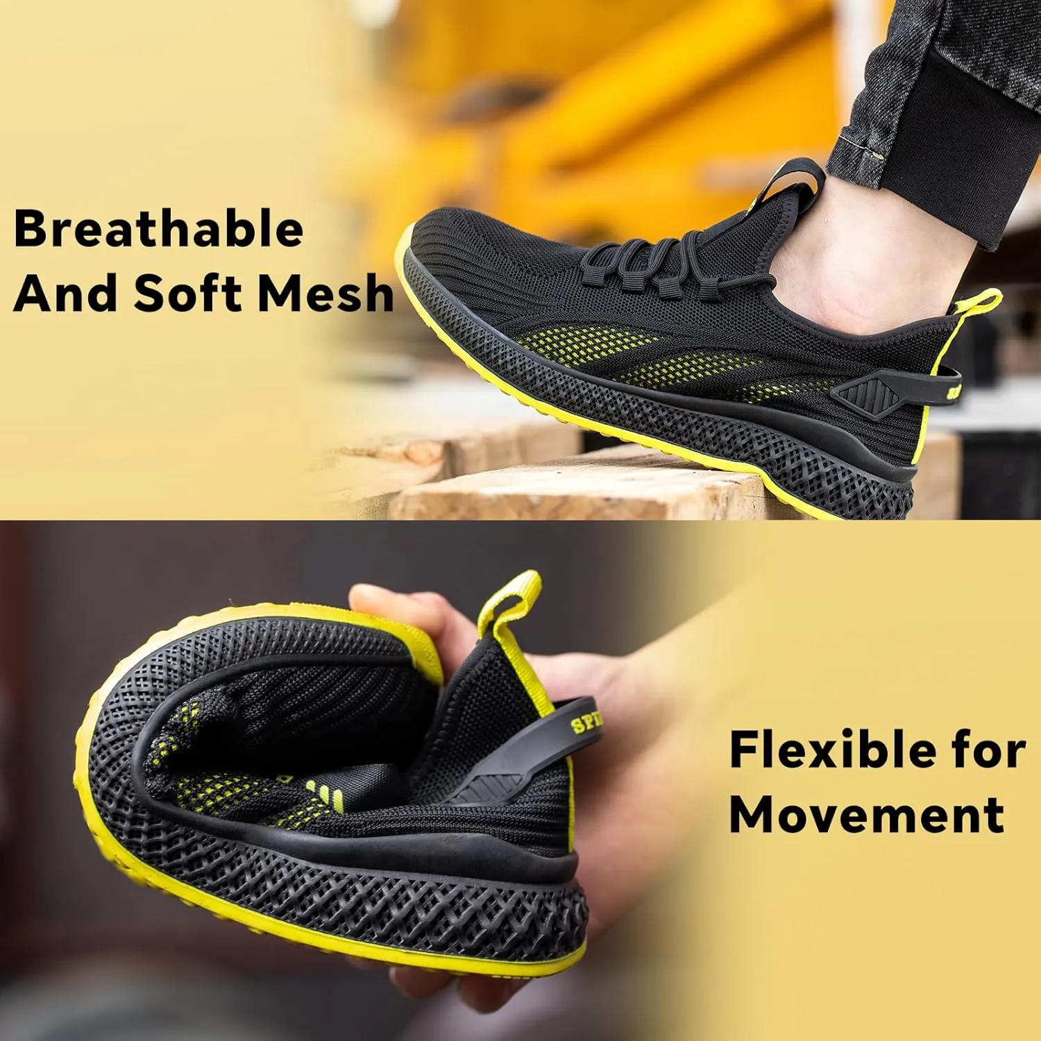 SPIEZ Unisex Safety Shoes with Composite Toe Cap, Puncture Proof Breathable Work Shoes for Men and Women, Slip on Fashion Sneakers for Work and Daily Wear