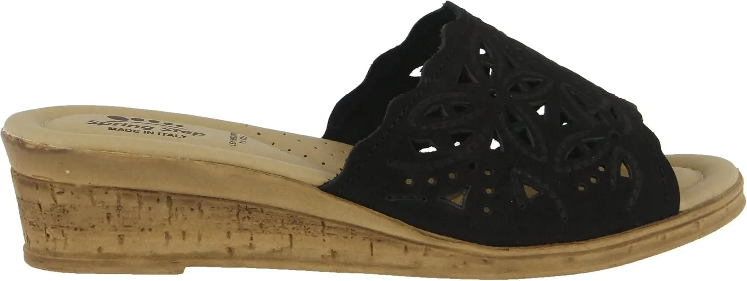Spring Step Estella Women's Fashion Wedge Slide Sandals – Casual Leather Heel with Geometric Laser-Cut Detailing