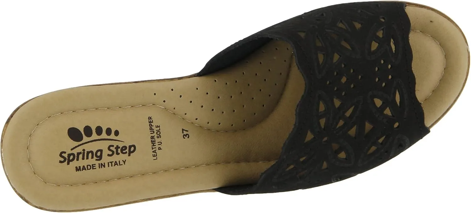 Spring Step Estella Women's Fashion Wedge Slide Sandals – Casual Leather Heel with Geometric Laser-Cut Detailing