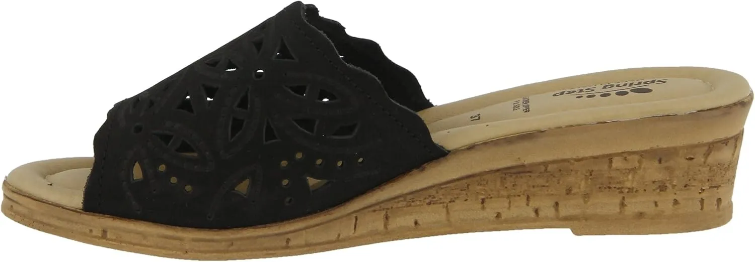 Spring Step Estella Women's Fashion Wedge Slide Sandals – Casual Leather Heel with Geometric Laser-Cut Detailing