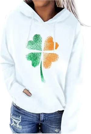 St. Patrick's Day Hoodies for Women Casual Long Sleeve Hooded Sweatshirts Novelty Clover Shamrock Print Pullover Tops