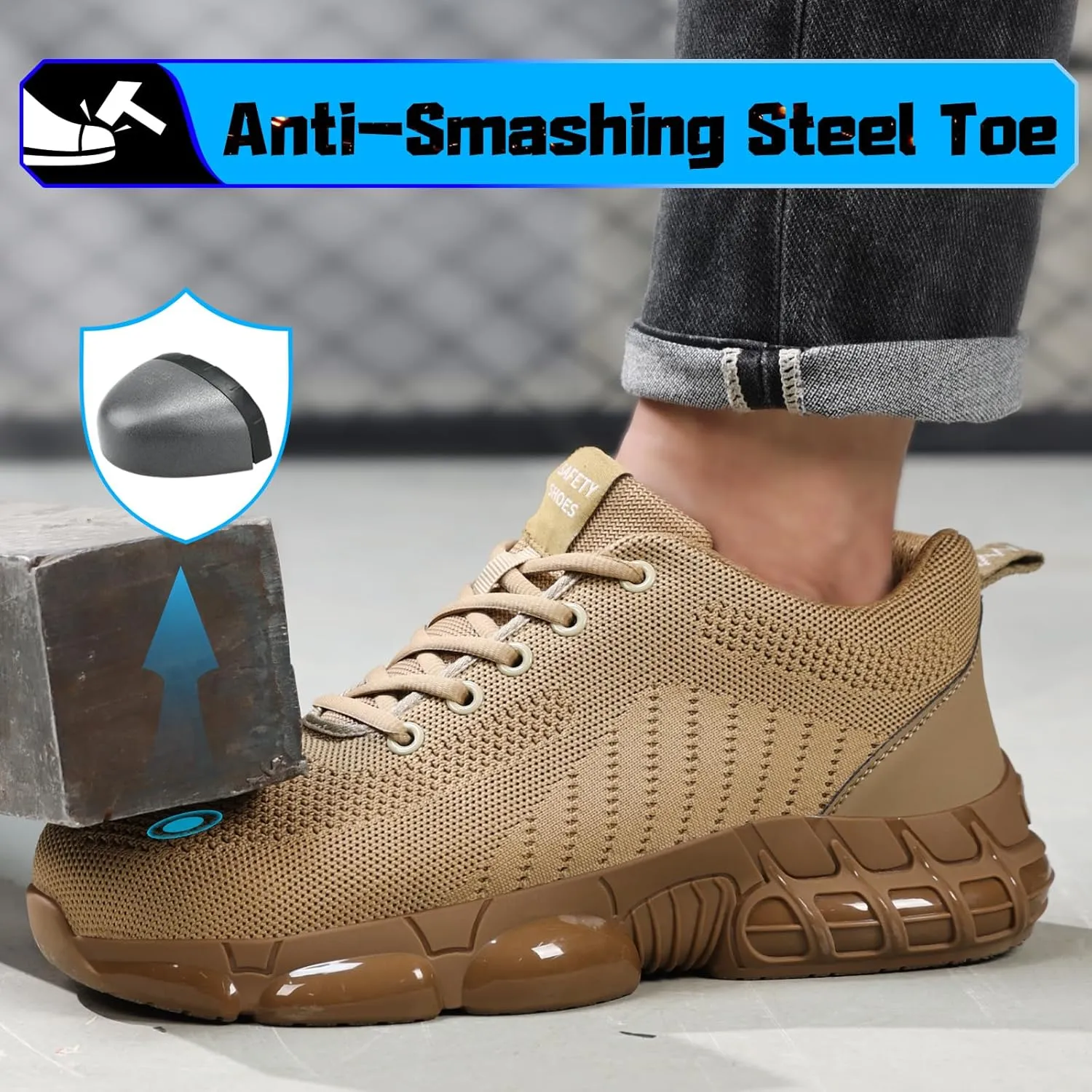 Steel Toe Shoes for Men Lightweight Work Shoes Safety Shoes Air Cushioned Steel Toe Sneakers Indestructible Steel Tennis Toe Shoes Construction Industrial Work Safety Sneakers