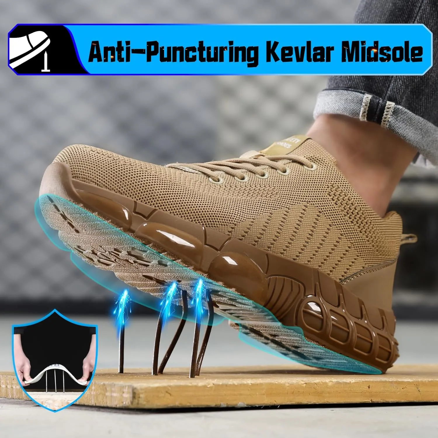 Steel Toe Shoes for Men Lightweight Work Shoes Safety Shoes Air Cushioned Steel Toe Sneakers Indestructible Steel Tennis Toe Shoes Construction Industrial Work Safety Sneakers