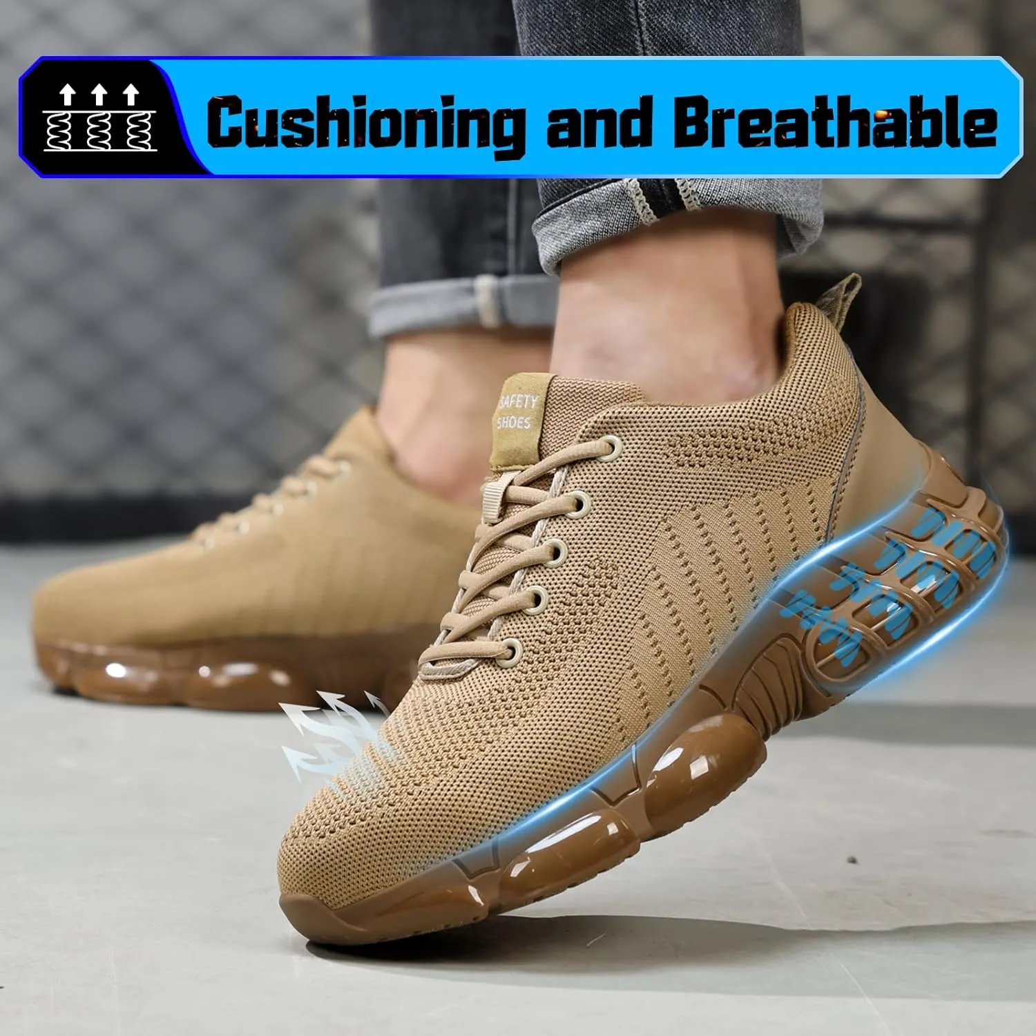Steel Toe Shoes for Men Lightweight Work Shoes Safety Shoes Air Cushioned Steel Toe Sneakers Indestructible Steel Tennis Toe Shoes Construction Industrial Work Safety Sneakers