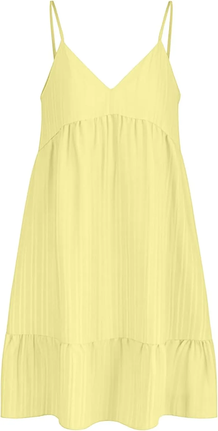 Summer Dresses for Women 2025 Elegant V Neck Spaghetti Strap Mini Dress Plain Pleated Patchwork Sleeveless Sundress