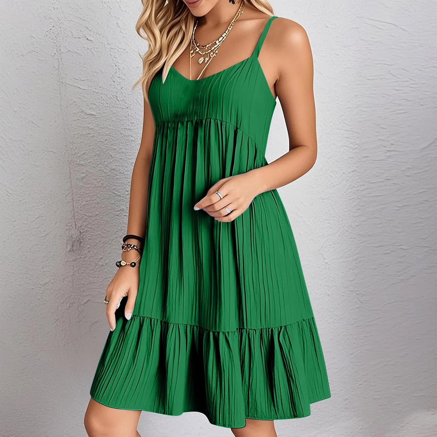Summer Dresses for Women 2025 Elegant V Neck Spaghetti Strap Mini Dress Plain Pleated Patchwork Sleeveless Sundress