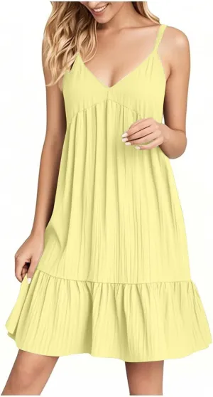 Summer Dresses for Women 2025 Elegant V Neck Spaghetti Strap Mini Dress Plain Pleated Patchwork Sleeveless Sundress
