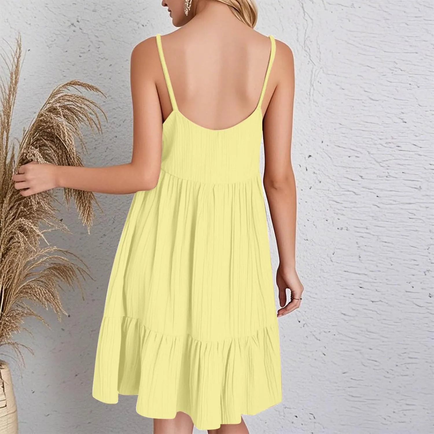 Summer Dresses for Women 2025 Elegant V Neck Spaghetti Strap Mini Dress Plain Pleated Patchwork Sleeveless Sundress