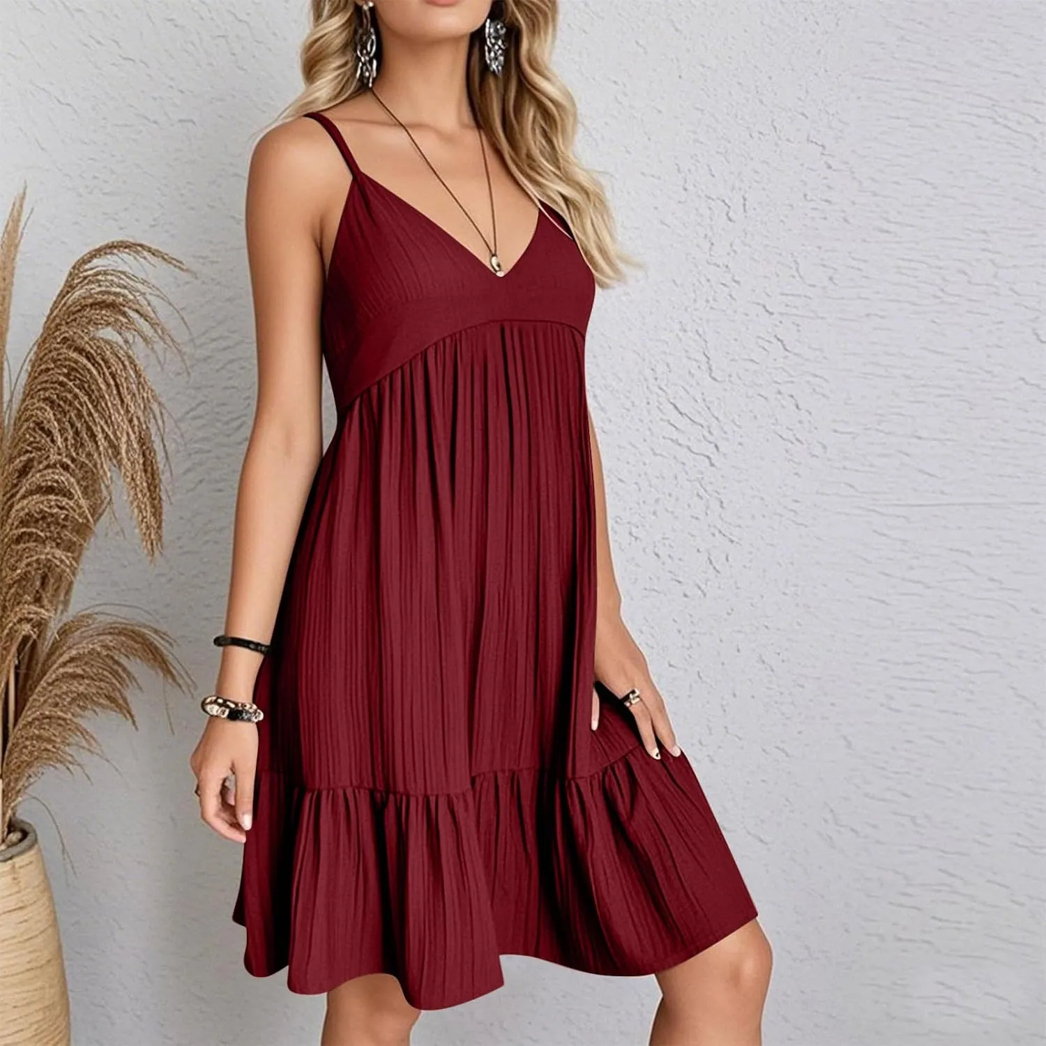 Summer Dresses for Women 2025 Elegant V Neck Spaghetti Strap Mini Dress Plain Pleated Patchwork Sleeveless Sundress