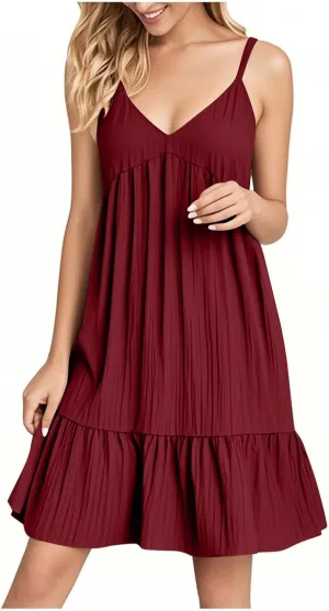 Summer Dresses for Women 2025 Elegant V Neck Spaghetti Strap Mini Dress Plain Pleated Patchwork Sleeveless Sundress