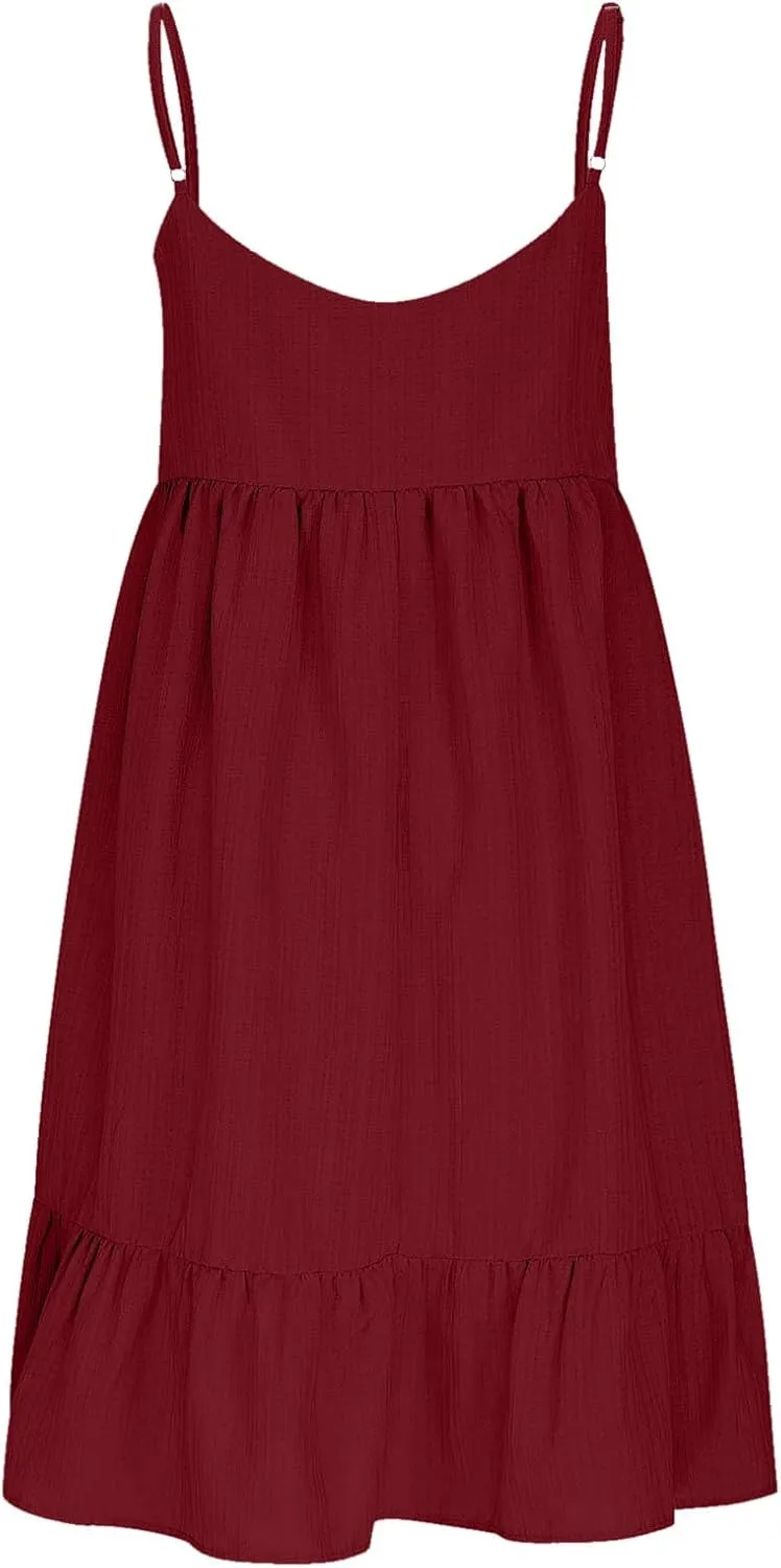 Summer Dresses for Women 2025 Elegant V Neck Spaghetti Strap Mini Dress Plain Pleated Patchwork Sleeveless Sundress