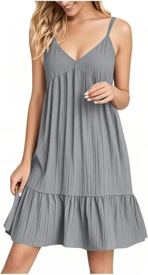 Summer Dresses for Women 2025 Elegant V Neck Spaghetti Strap Mini Dress Plain Pleated Patchwork Sleeveless Sundress