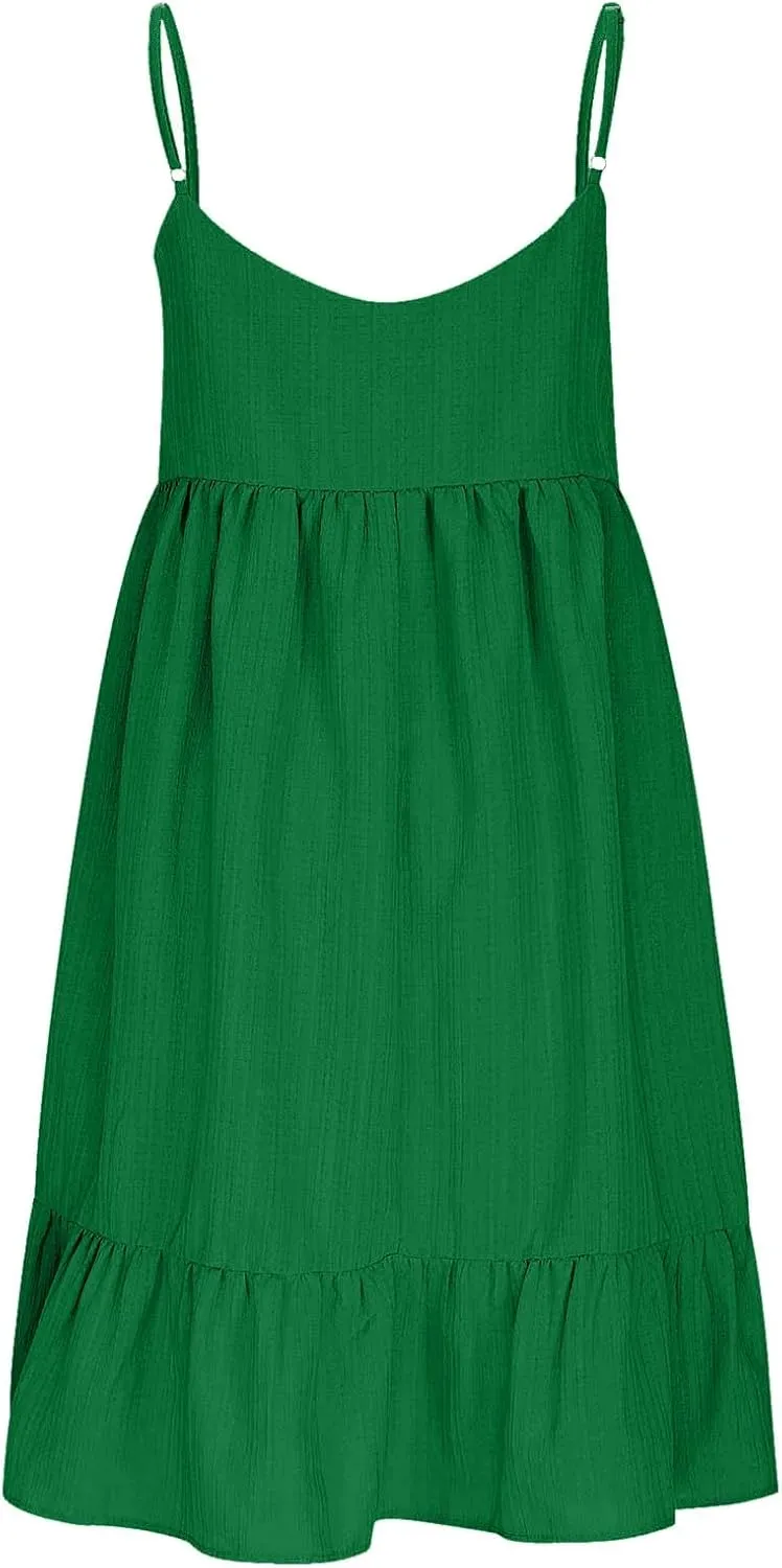 Summer Dresses for Women 2025 Elegant V Neck Spaghetti Strap Mini Dress Plain Pleated Patchwork Sleeveless Sundress