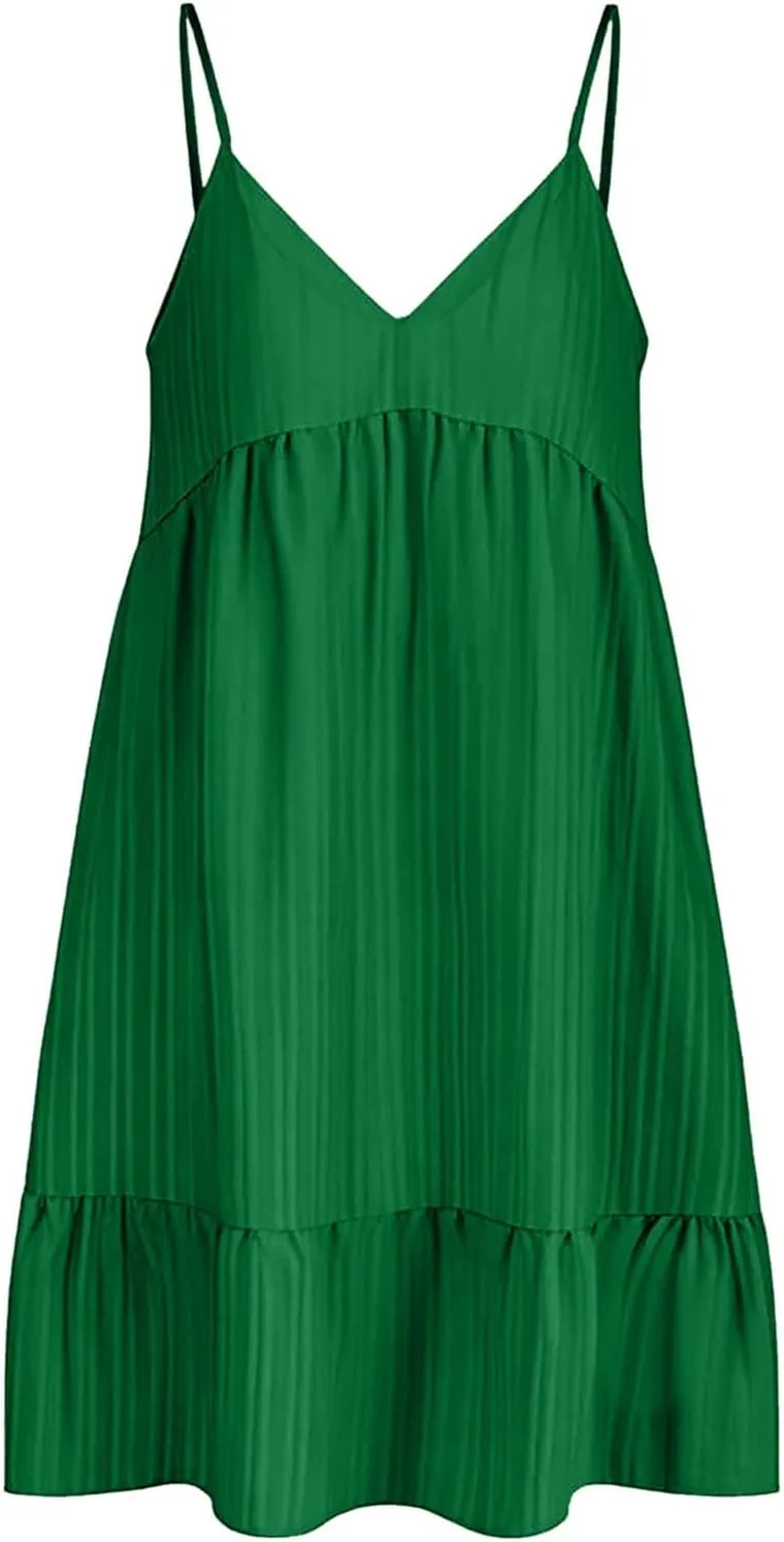Summer Dresses for Women 2025 Elegant V Neck Spaghetti Strap Mini Dress Plain Pleated Patchwork Sleeveless Sundress