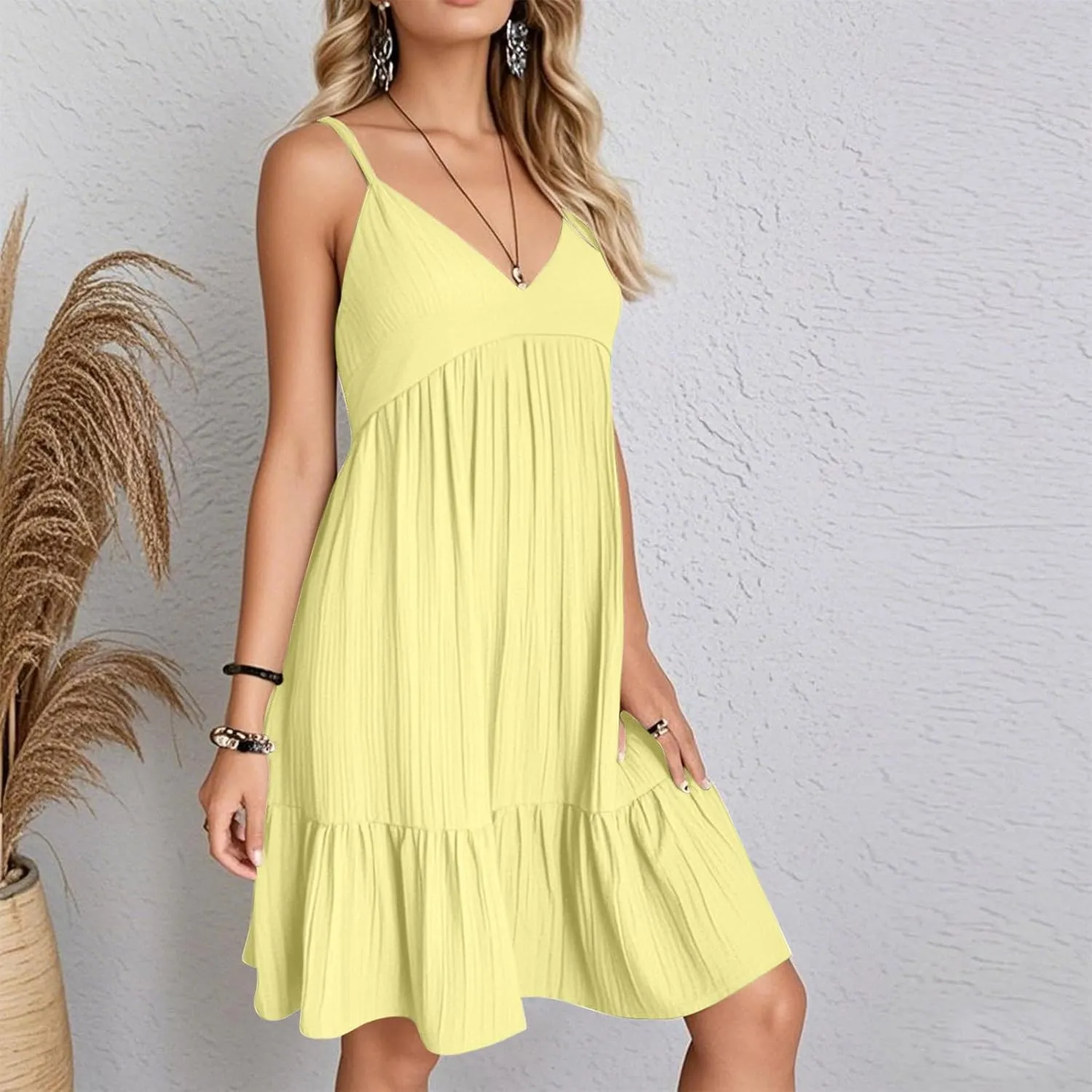 Summer Dresses for Women 2025 Elegant V Neck Spaghetti Strap Mini Dress Plain Pleated Patchwork Sleeveless Sundress