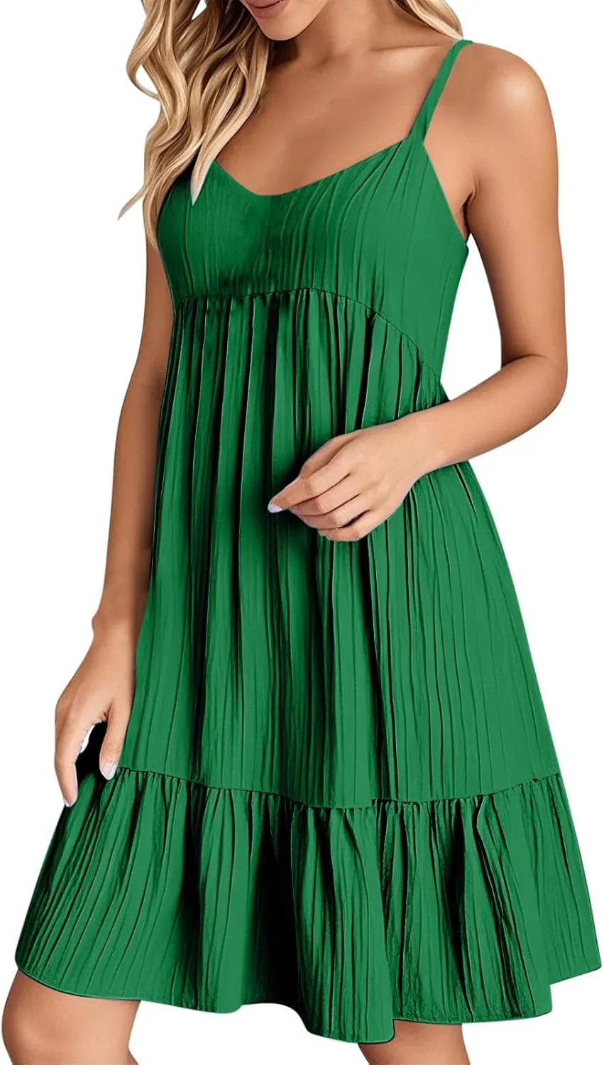 Summer Dresses for Women 2025 Elegant V Neck Spaghetti Strap Mini Dress Plain Pleated Patchwork Sleeveless Sundress