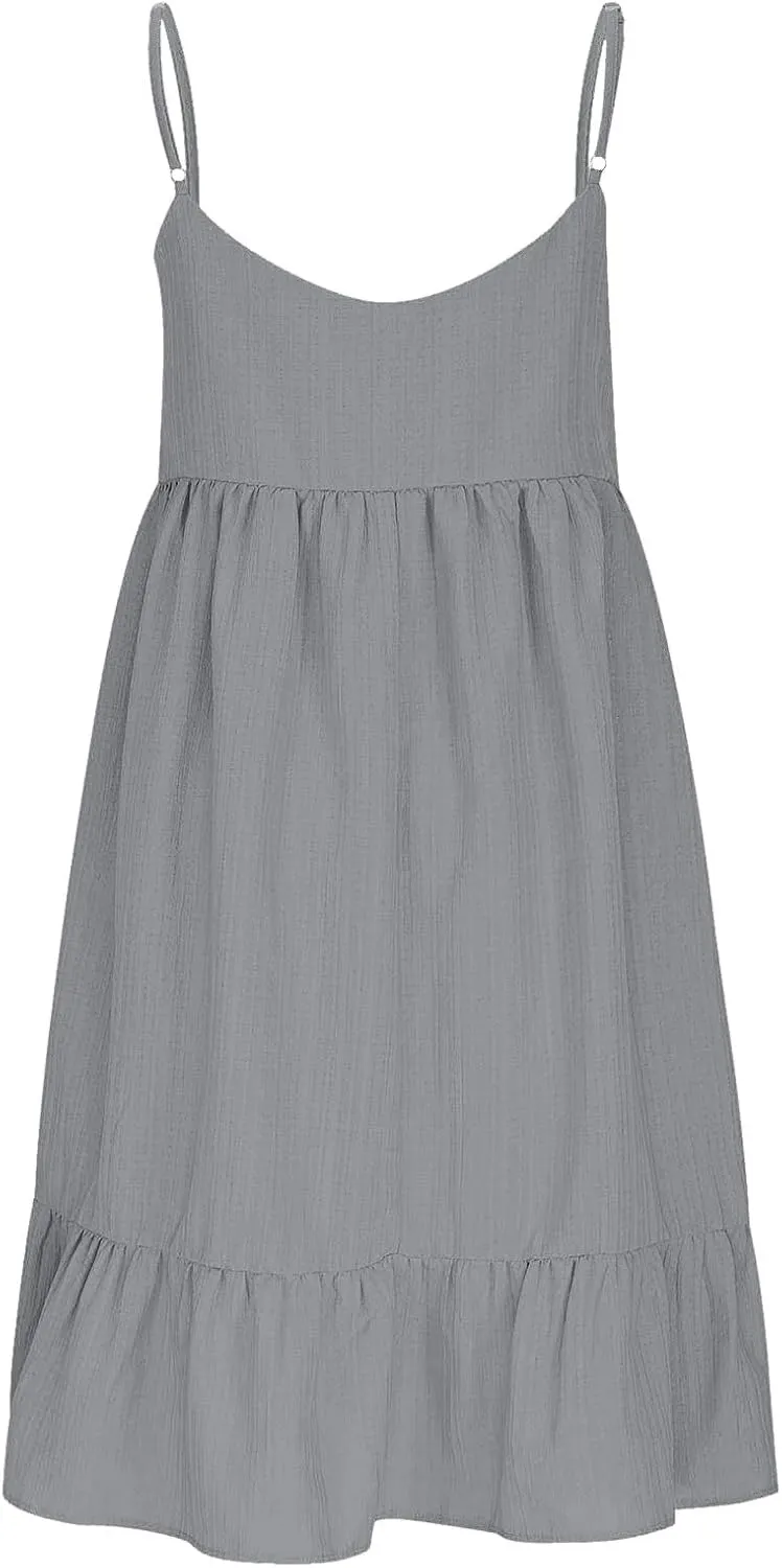 Summer Dresses for Women 2025 Elegant V Neck Spaghetti Strap Mini Dress Plain Pleated Patchwork Sleeveless Sundress