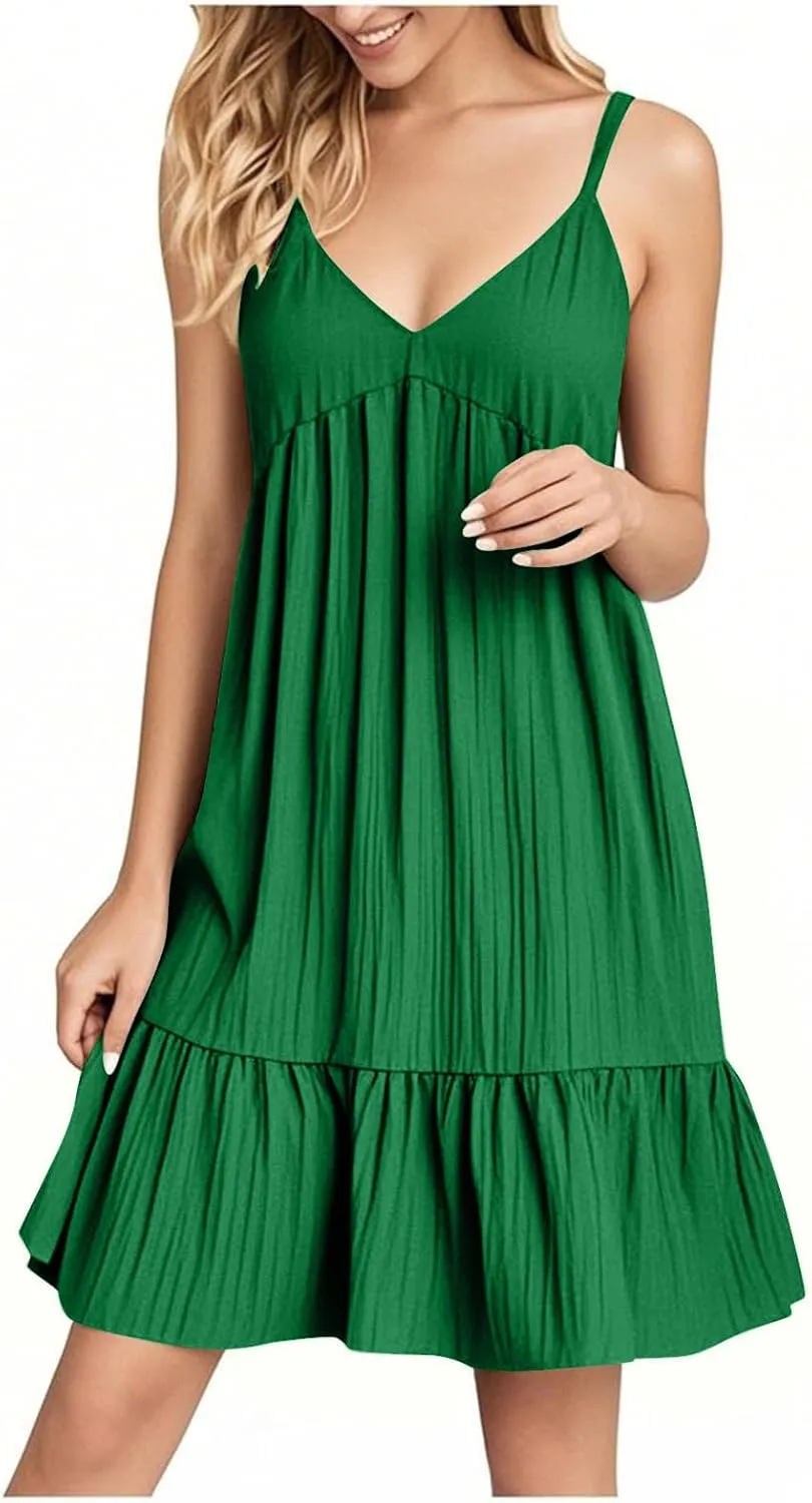 Summer Dresses for Women 2025 Elegant V Neck Spaghetti Strap Mini Dress Plain Pleated Patchwork Sleeveless Sundress