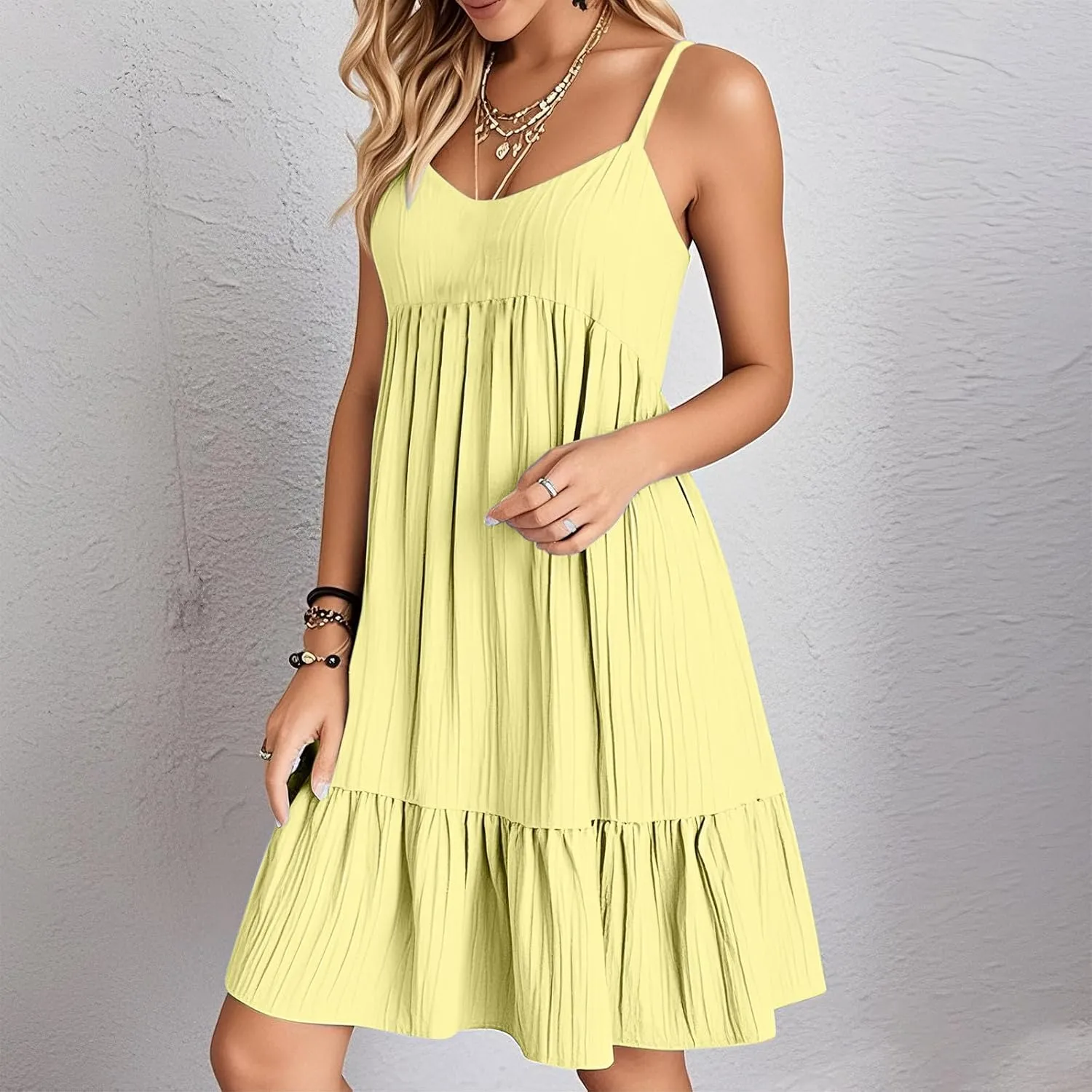 Summer Dresses for Women 2025 Elegant V Neck Spaghetti Strap Mini Dress Plain Pleated Patchwork Sleeveless Sundress
