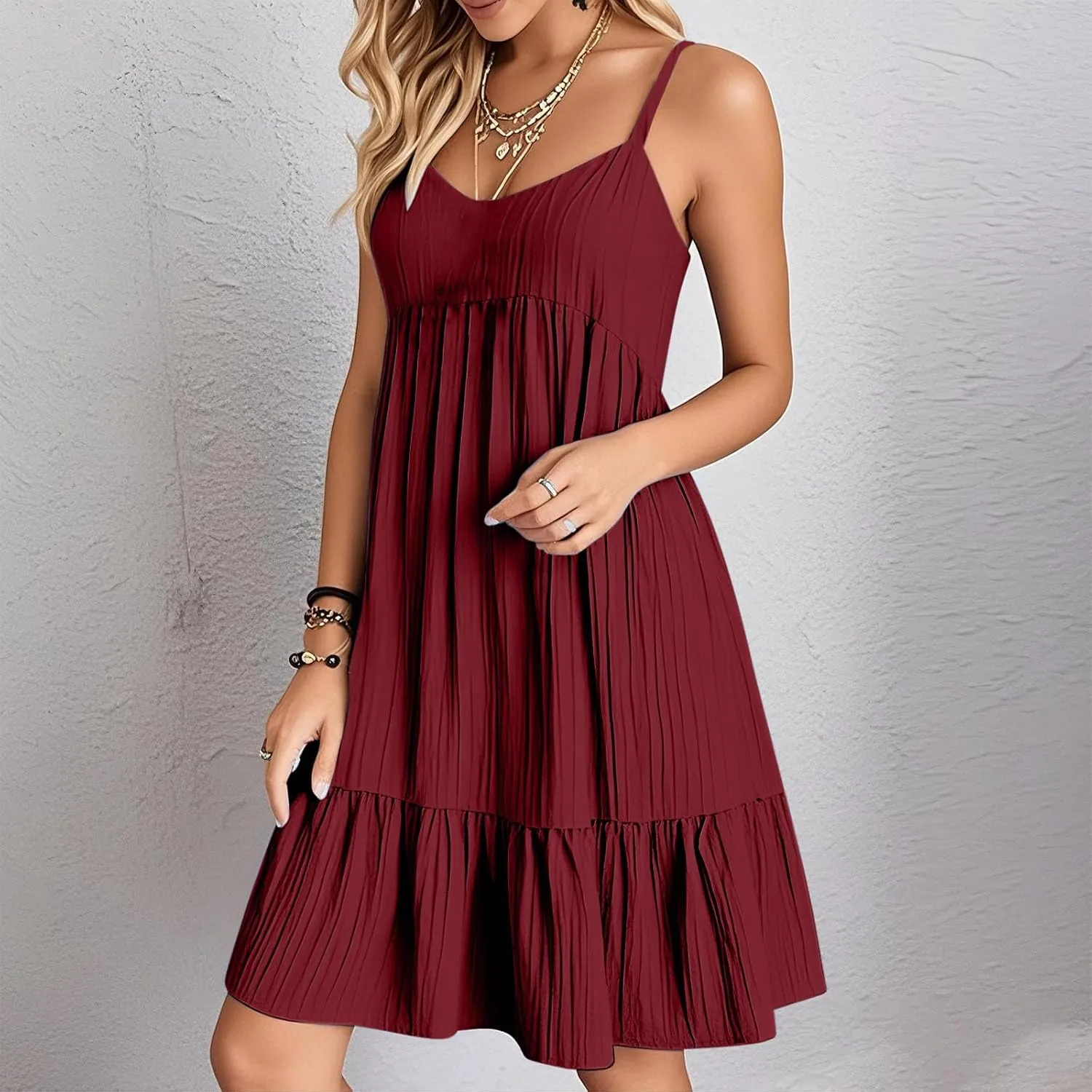 Summer Dresses for Women 2025 Elegant V Neck Spaghetti Strap Mini Dress Plain Pleated Patchwork Sleeveless Sundress