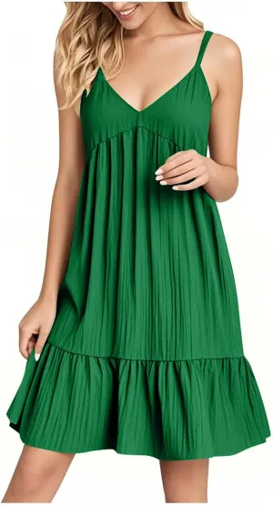 Summer Dresses for Women 2025 Elegant V Neck Spaghetti Strap Mini Dress Plain Pleated Patchwork Sleeveless Sundress