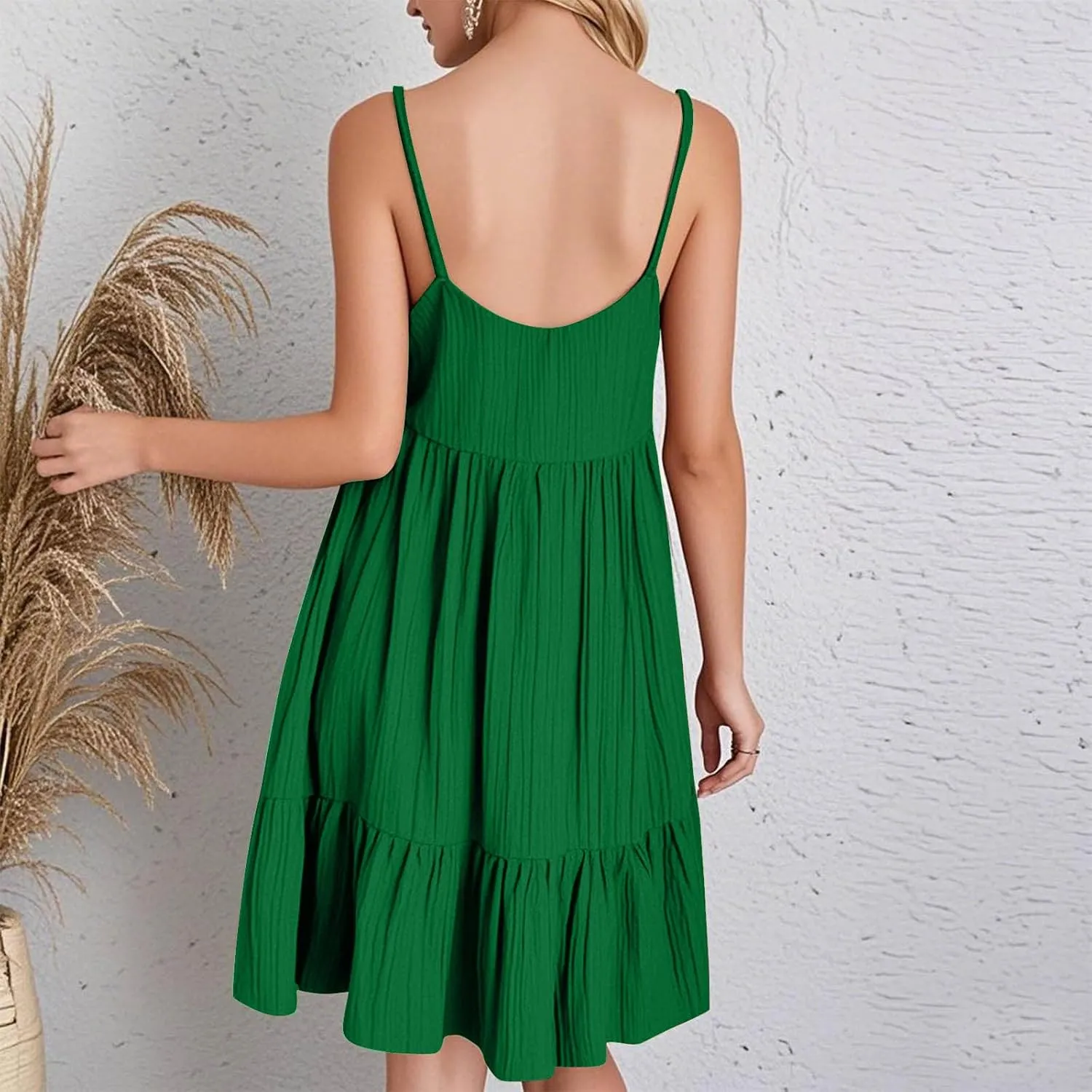 Summer Dresses for Women 2025 Elegant V Neck Spaghetti Strap Mini Dress Plain Pleated Patchwork Sleeveless Sundress