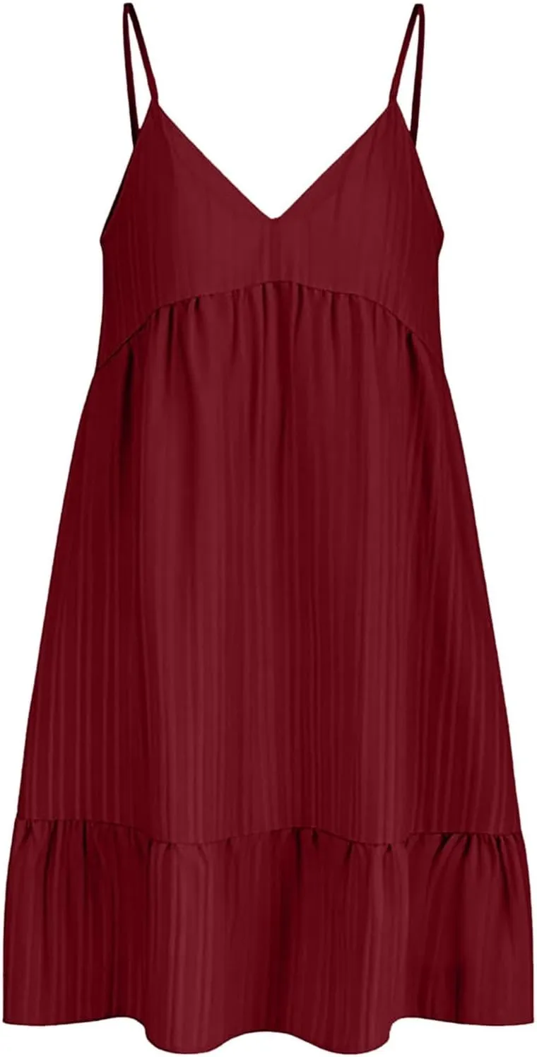 Summer Dresses for Women 2025 Elegant V Neck Spaghetti Strap Mini Dress Plain Pleated Patchwork Sleeveless Sundress