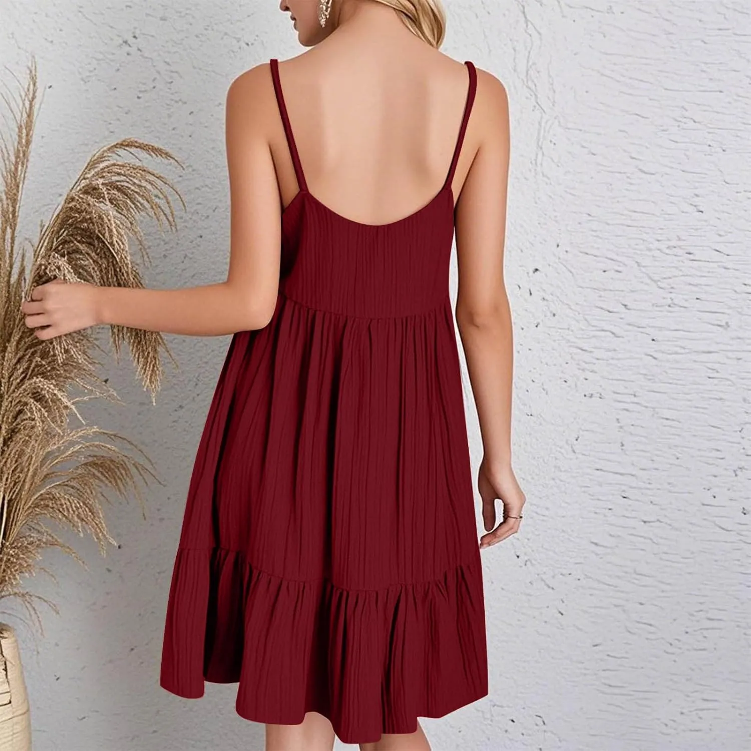 Summer Dresses for Women 2025 Elegant V Neck Spaghetti Strap Mini Dress Plain Pleated Patchwork Sleeveless Sundress