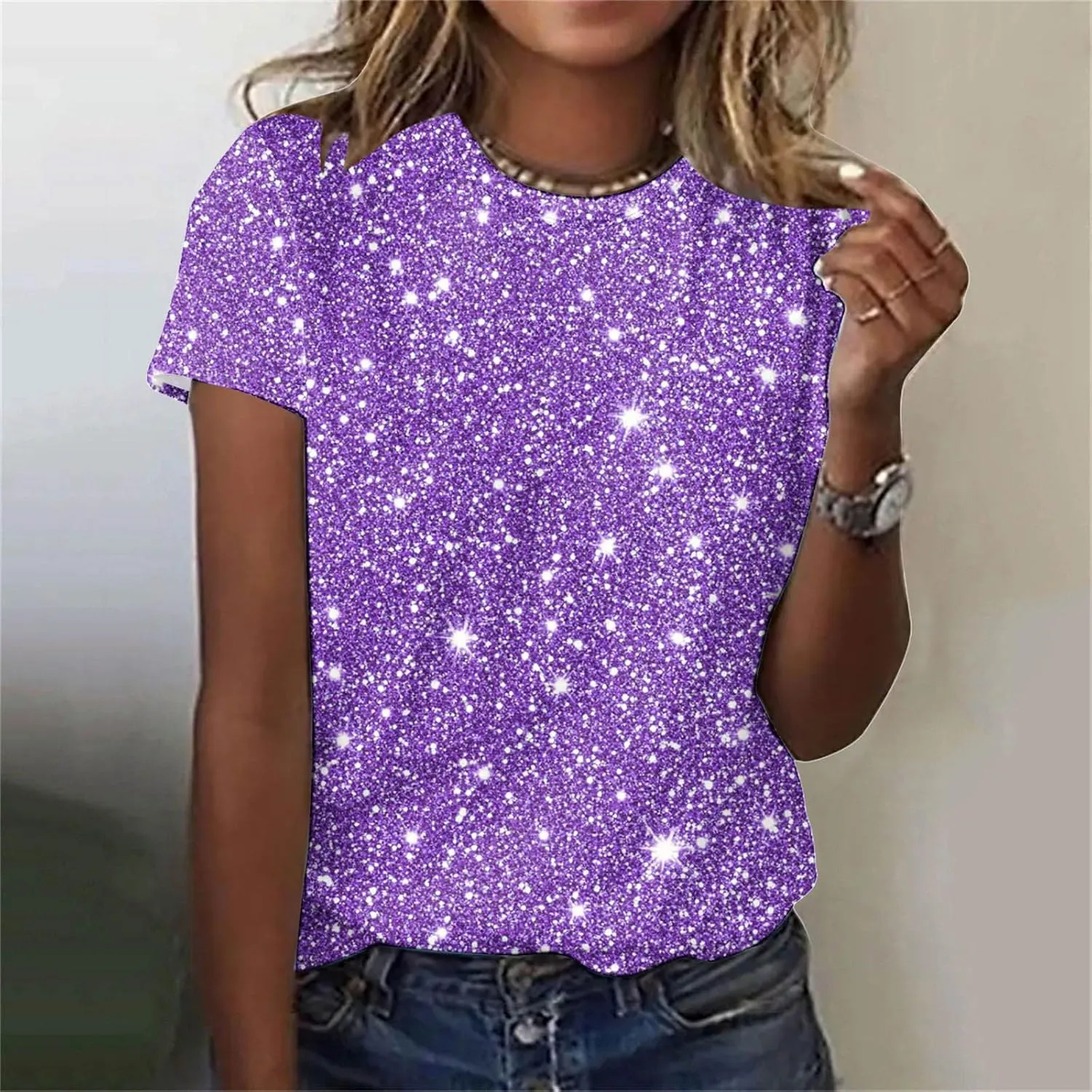 Summer Tshirts for Women Sequin Printed Tops Crew Neck Short Sleeve Sparkle Blouses Party Glitter Top Shimmer Tees
