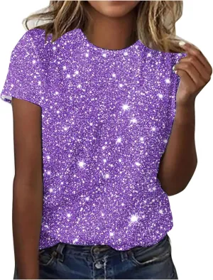 Summer Tshirts for Women Sequin Printed Tops Crew Neck Short Sleeve Sparkle Blouses Party Glitter Top Shimmer Tees