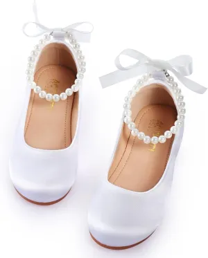 Toddler Girls Dress Shoes Flower Girls Mary Jane Ballet Flats Decorative Pearls Lace-Up Ankle Strap Wedding Communion Princess Shoes