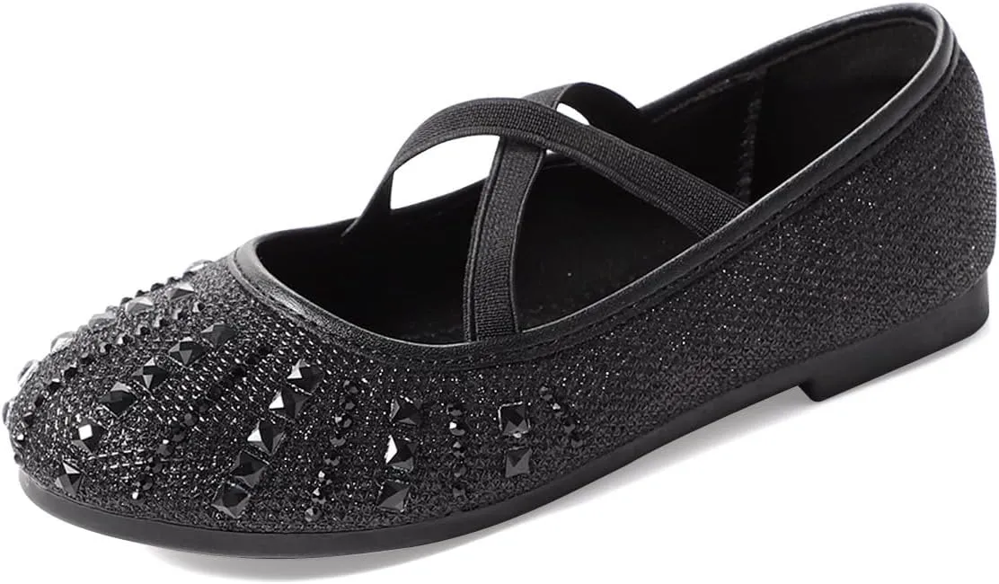 Toddler Girls Dress Shoes Sparkle Rhinestone Flower Girls Mary Jane Slip-On Ballet Flats for School, Wedding, Party