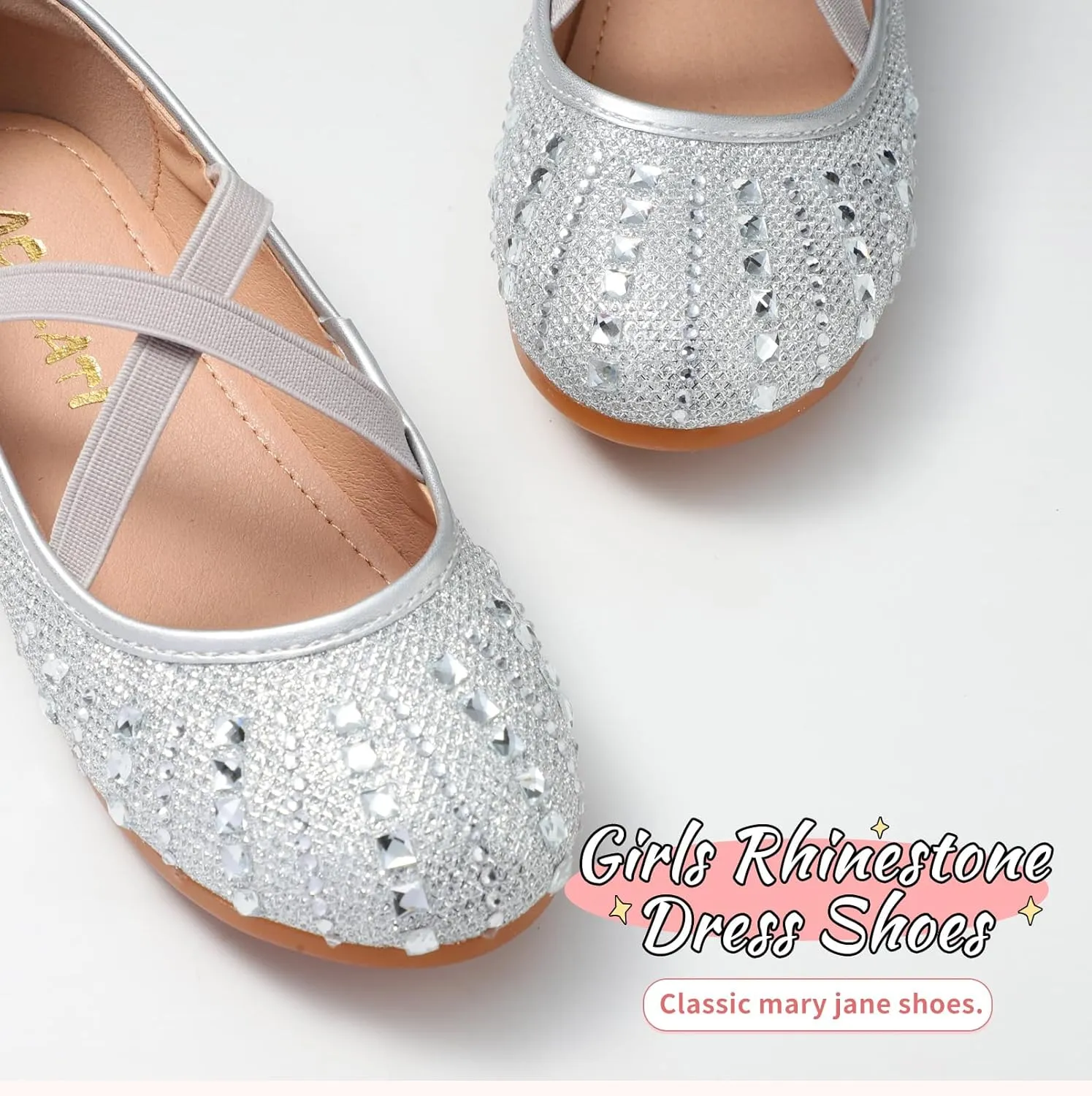 Toddler Girls Dress Shoes Sparkle Rhinestone Flower Girls Mary Jane Slip-On Ballet Flats for School, Wedding, Party
