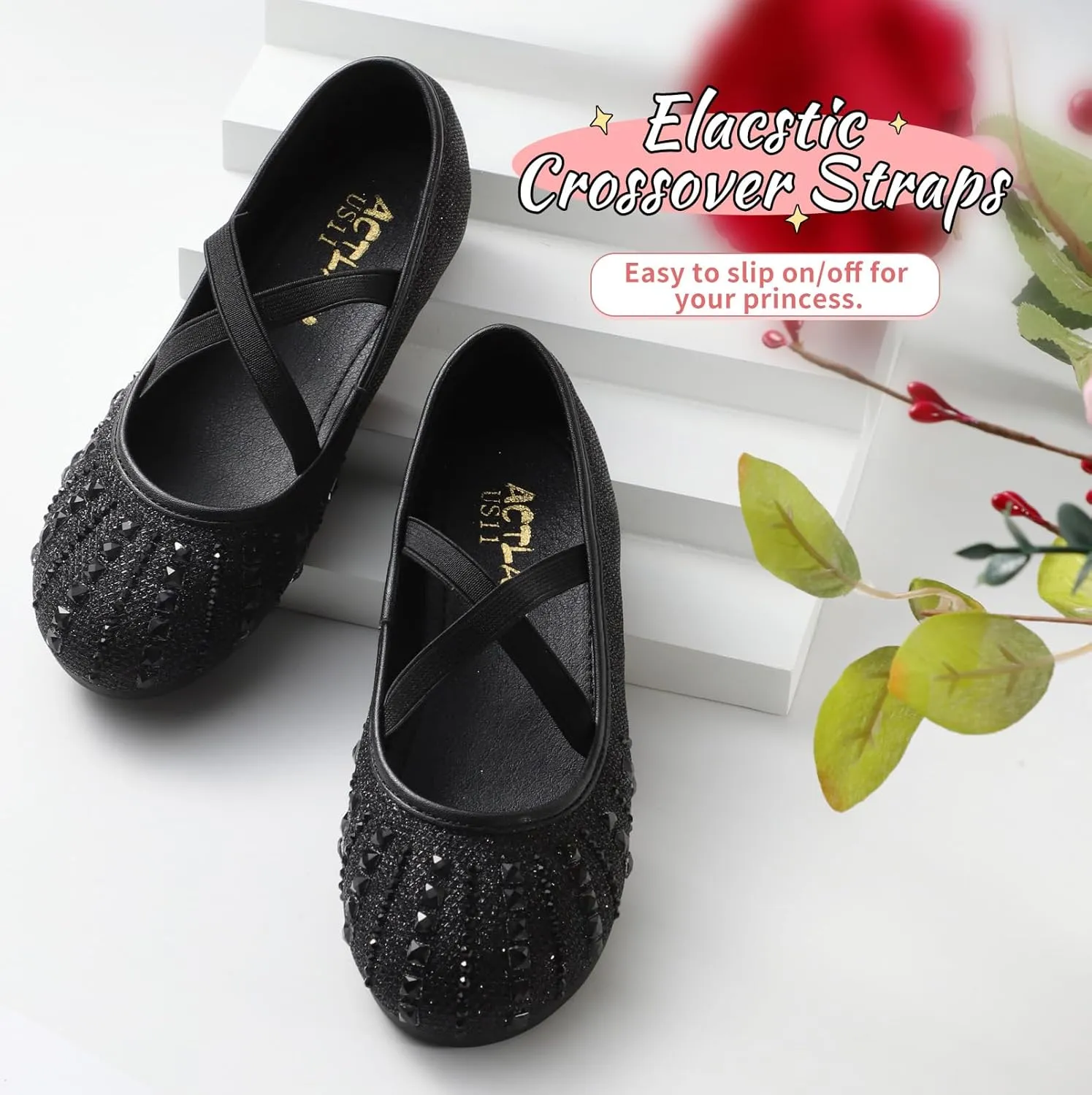 Toddler Girls Dress Shoes Sparkle Rhinestone Flower Girls Mary Jane Slip-On Ballet Flats for School, Wedding, Party
